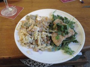 Pancetta Miso Pasta and Soy Chicken over Arugula