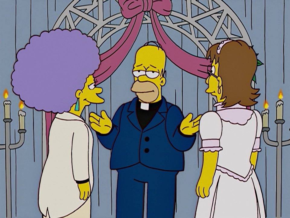 Homer marrying Patty and her "wife."