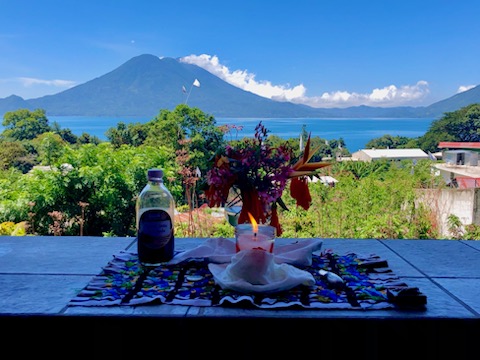 Photo of a pagan wedding altar, with Lake Atitlan in the background.